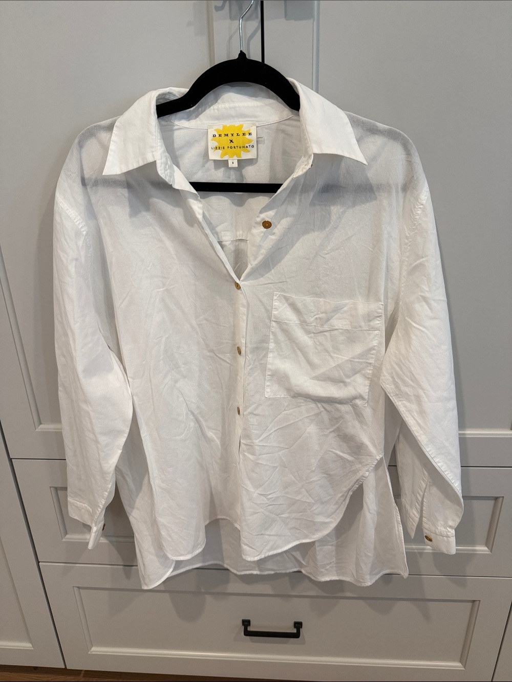 Demylee X Lizzie Fortunato white oversized cotton shirt with gold buttons